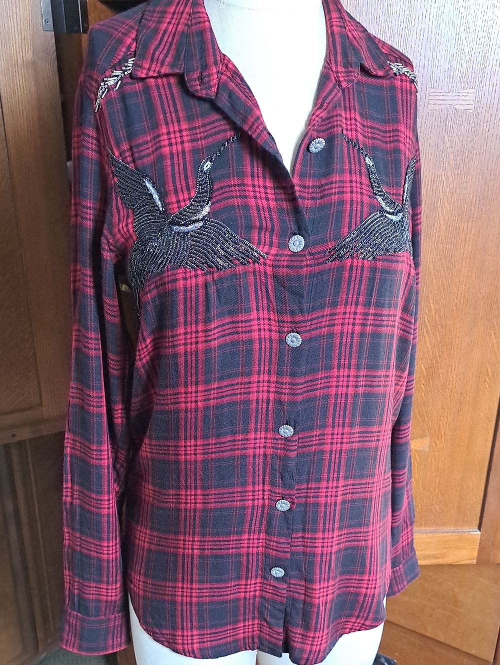 EUC 🖤 The Kooples Red & Black Plaid Beaded Crane Shirt XXS